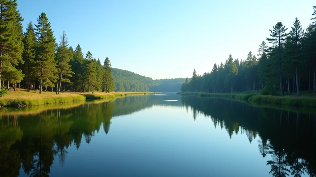 Scenic view of Āraišu Lake surrounded by pine forest with peaceful water reflecting blue sky and natural landscape