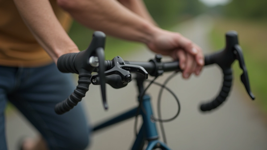 Detail of bike components including shifters, brakes, and gears on countryside touring bike