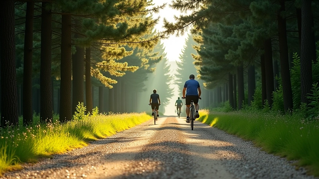 Gravel cycling path through dense pine forest with dappled sunlight filtering through tree canopy overhead, peaceful rural setting