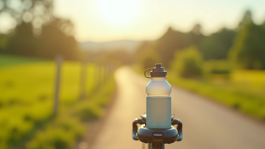 Cyclist's water bottle and electrolyte drink bottles mounted on bike frame beside scenic country road