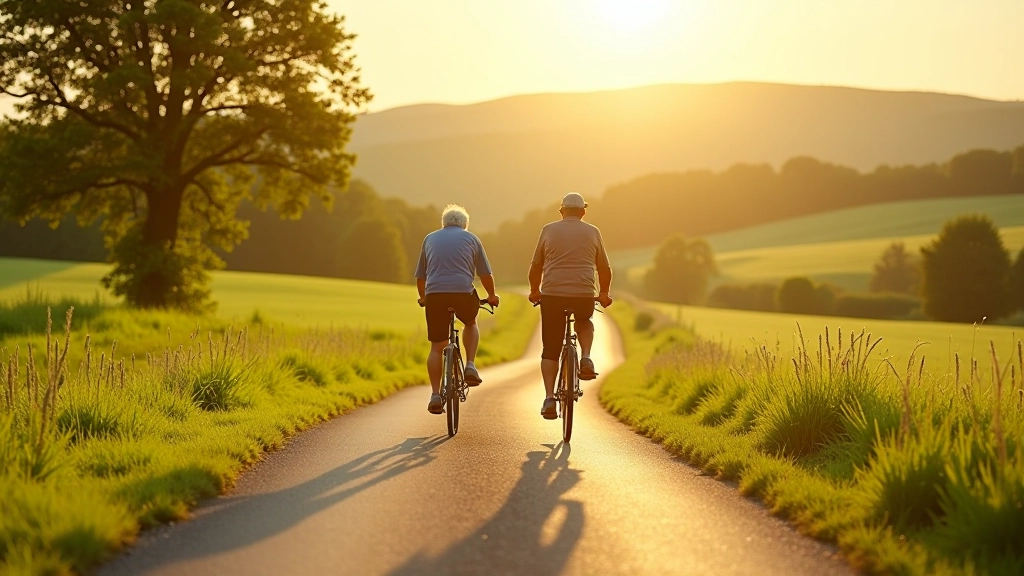 Scenic countryside road with rolling green hills and mature cyclists riding on peaceful farm path near Cēsis Latvia