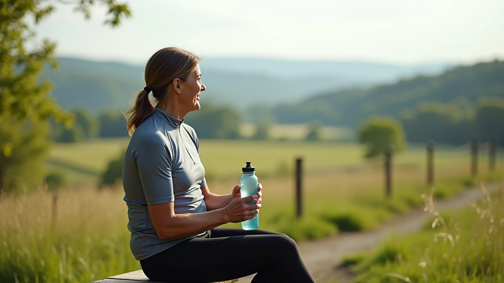 Cyclist resting on scenic overlook with rural landscape views, water bottle and bike visible