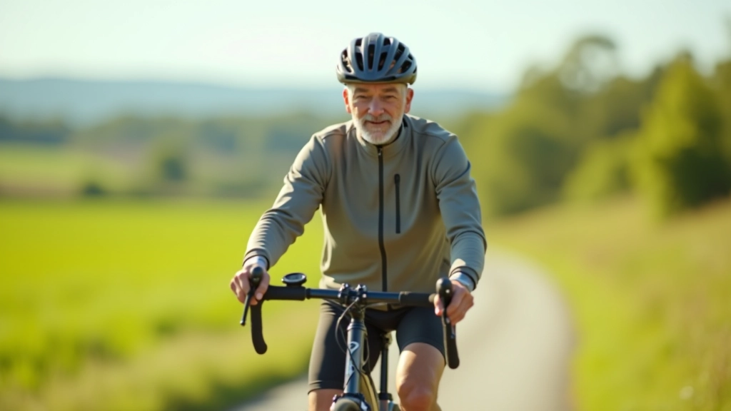 Cyclist demonstrating proper frame size with correct standover clearance, rural outdoor setting, bright daylight, showing proper positioning