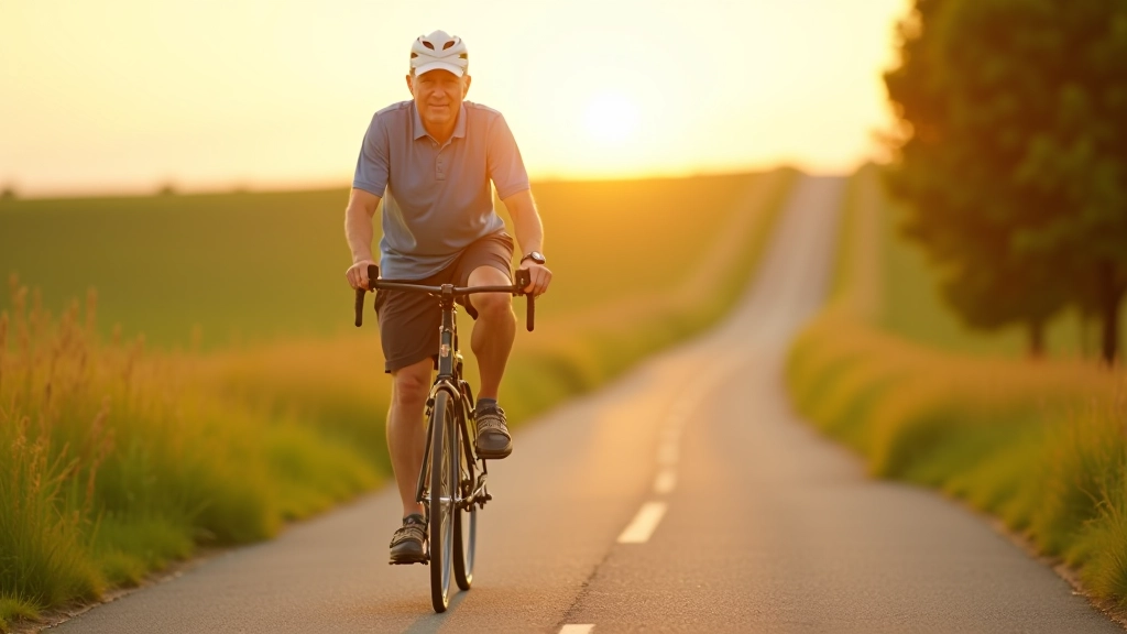Side profile of cyclist on comfortable countryside bike with relaxed upright geometry, rural road landscape background
