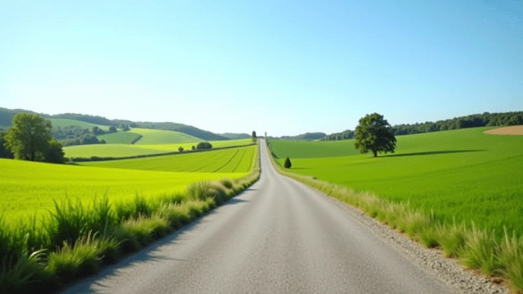 Scenic countryside landscape with winding farm road and green fields under clear sky