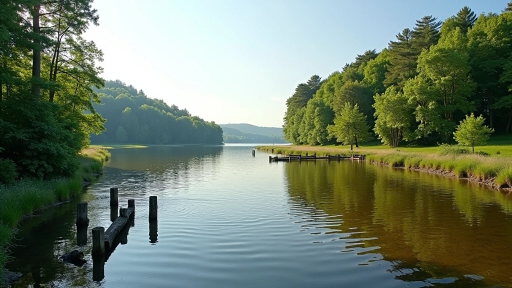 Close-up detail of Āraišu Lake water with ancient wooden structures visible in shallow water, forest shoreline in background