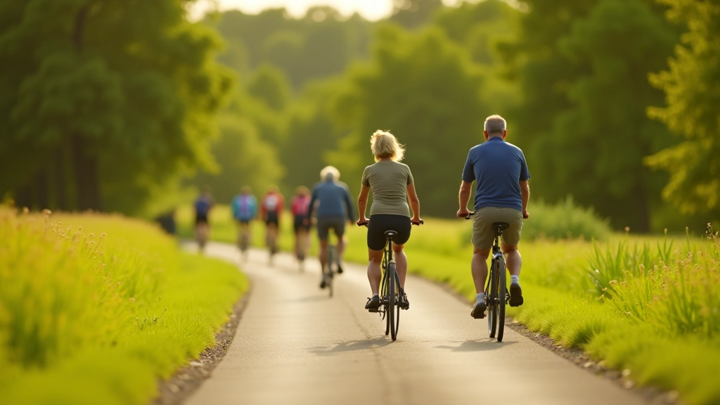 Group of seniors cycling together on a rural farm road through the Latvian countryside