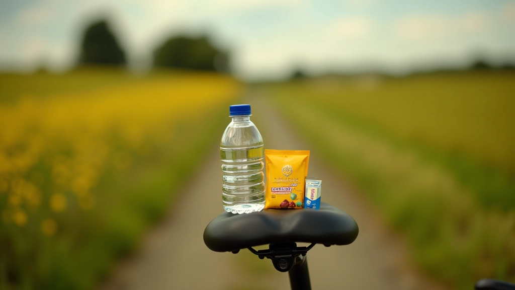 Cyclist's water bottle and energy bars laid out on bicycle seat with countryside background